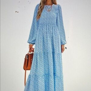Chic Long Sleeve Blue Floral Dress